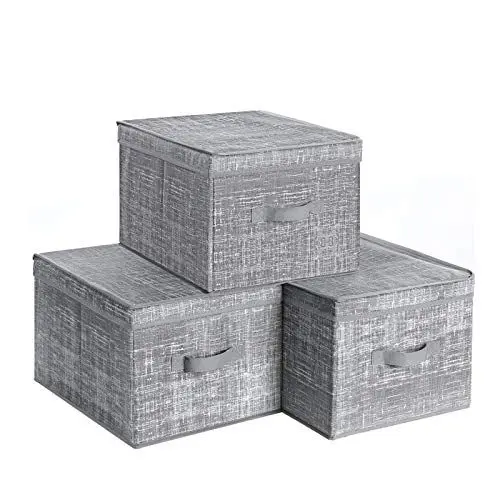 Produktbild: SONGMICS 3er Set Aufbewahrungsbox mit Deckel, Faltboxen aus Stoff mit Etikettenhalter, Stoffbox, Würfel, 30 x 40 x 25 cm, grau meliert RYFB03LG