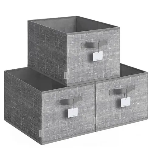 Produktbild: SONGMICS Aufbewahrungsbox 3er Set, zusammenklappbar, Stoffboxen aufbewahren, 40 x 30 x 24 cm, für Kleiderschrank, 2 Griffe, Etikette, für Schlafzimmer Wohnzimmer, schilfgrau ROB440G01
