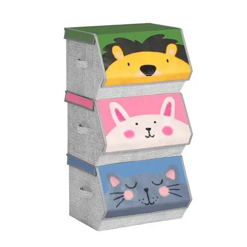 Produktbild: SONGMICS Aufbewahrungsboxen, 3er Set, Faltboxen, Stoffboxen mit Griffen, Organizer, magnetischer Deckel, für Kinderzimmer, Spielzimmer, Tier-Motive, rosa, blau, grün und grau RFB760P01