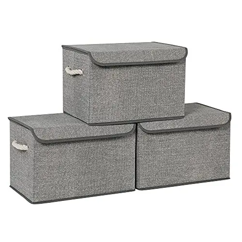 Produktbild: SONGMICS Aufbewahrungsboxen, 3er Set, Stoffboxen mit Deckel, Griffe aus Baumwolle, Leinenoptik, grau RFB013G02