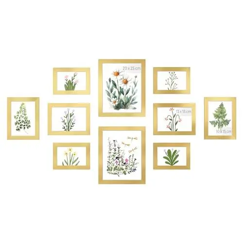 Produktbild: SONGMICS Bilderrahmen 10er Set, für 2 Fotos in 20 x 25 cm, 4 Fotos in 13 x 18 cm, 4 Fotos in 10 x 15 cm, Kunststoffscheibe, MDF, helles Gold RPF310A01