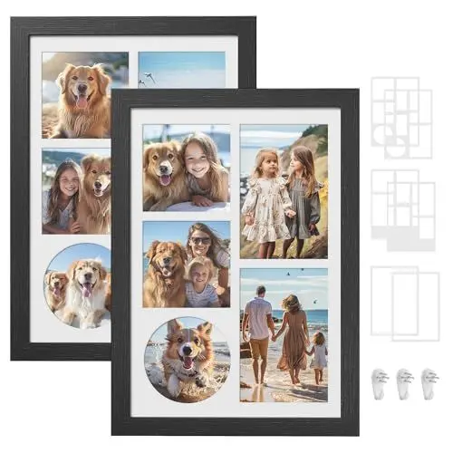 Produktbild: SONGMICS Bilderrahmen, 6 Passepartouts, 2er Set Fotorahmen für mehere Bilder, Collage für Fotos in 10,2 x 15,2 cm oder 10,2 x 10,2 cm, spurenlose Wandhaken, 36,5 x 26 cm, aschschwarz RPF024B02