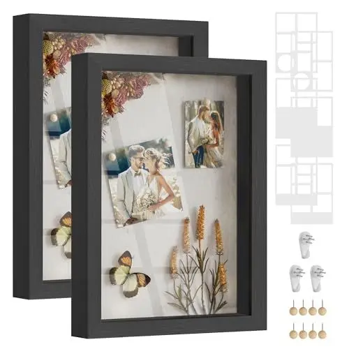 Produktbild: SONGMICS Bilderrahmen, 6 Passepartouts, 2er Set Fotorahmen zum Befüllen, 8 Stecknadeln, Collage für Bilder 10,2 x 15,2 cm, 10,2 x 10,2 cm, 3 spurenlose Wandhaken, aschschwarz RPF019B02