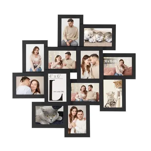 Produktbild: SONGMICS Bilderrahmen für 10 x 15 cm Bilder, Collage für 12 Fotos, transparenter Glasschutz, zum Zusammenbauen, Schwarz RPF22BK