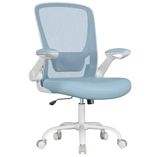 Produktbild: SONGMICS Bürostuhl ergonomisch, Drehstuhl mit Mesh, Lendenstütze, Wippfunktion, 53 cm große Sitzfläche, klappbare Armlehnen, Arbeits- und Schlafzimmer, Studenten, nebelblau OBN037Q01