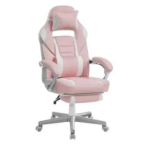 Produktbild: SONGMICS Bürostuhl, Schreibtischstuhl, ausziehbare Fußstütze, Kopfkissen, Lendenkissen, höhenverstellbar, ergonomisch, neigbare Rückenlehne, bis 150 kg belastbar, pastellrosa-cremeweiß OBG073P01