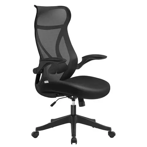 Produktbild: SONGMICS Bürostuhl, Schreibtischstuhl, ergonomische Rückenlehne, höhenverstellbar, hochklappbare Armlehnen, Drehstuhl mit Kopfstütze, bis 150 kg belastbar, tintenschwarz OBN088B01