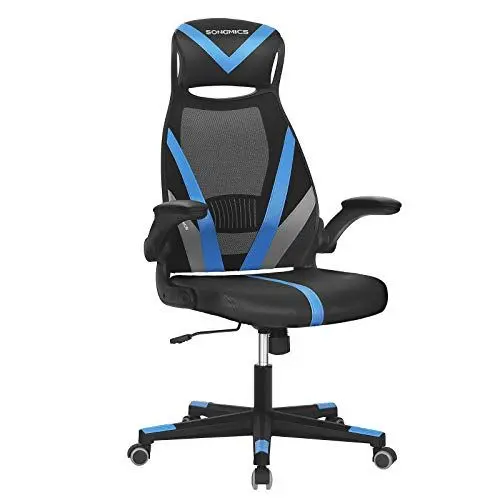 Produktbild: SONGMICS Bürostuhl, Stuhl mit Netzbespannung, höhenverstellbar, mit Kopfstütze und Armlehne, um 360° drehbar, mit Wippfunktion, bis 130 kg belastbar, ergonomisch, schwarz-blau-dunkelgrau OBN086B01