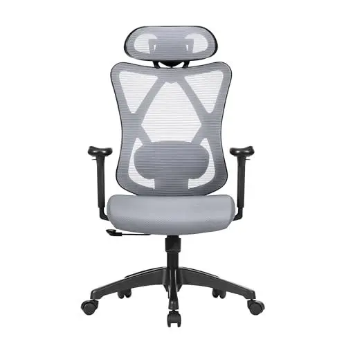 Produktbild: SONGMICS Bürostuhl, ergonomischer Schreibtischstuhl, Computerstuhl, Netzstuhl, verstellbare Lendenstütze und Kopfstütze, bis 150 kg belastbar, höhenverstellbar, Taubengrau OBN063G01