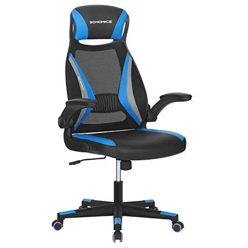 Produktbild: SONGMICS Bürostuhl mit Netzbespannung, Stuhl mit Kopfstütze und Armlehne, höhenverstellbar, um 360° drehbar, mit Wippfunktion, bis 130 kg belastbar, ergonomisch, schwarz-blau-dunkelgrau OBN086B02