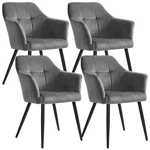 Produktbild: SONGMICS Esszimmerstühle, 4er Set, Sessel, Loungesessel, mit Armlehne, hohe Rückenlehne, Metallbeine, Bezug aus Samt, bis 110 kg belastbar, für Esszimmer, Küche, Wohnzimmer, grau LDC071G01-4