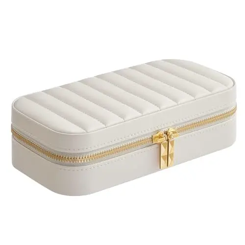 Produktbild: SONGMICS HOME ANAH Kollektion - Schmuckkästchen Reise, Schmuckbox klein, Schmuckaufbewahrung mit Spiegel, 10,5 x 20,5 x 6 cm, PU mit Nähten, Reißverschluss, Geschenkidee, wolkenweiß JBC180W01