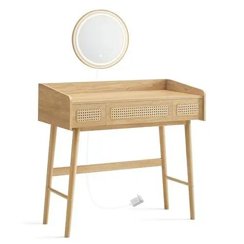 Produktbild: SONGMICS HOME BOHOVEN Kollektion – Schminktisch mit Spiegel, Beleuchtung, Kosmetiktisch 3 Schubladen in Rattan-Optik, Touch-Steuerung, 3 Lichtfarben, dimmbar, Boho-Stil, Schlafzimmer, eichenbeige