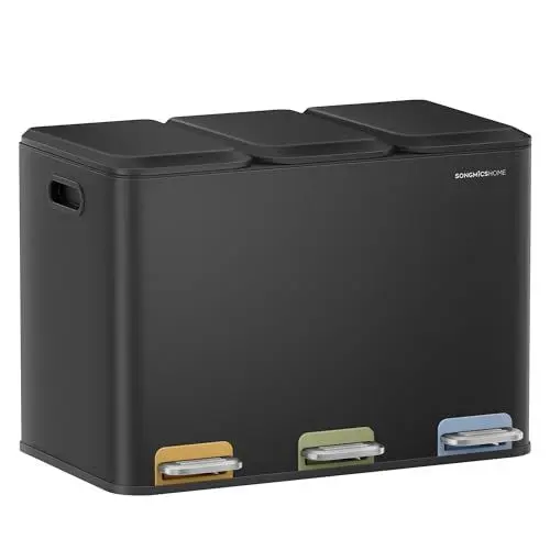 Produktbild: SONGMICS HOME Mülleimer Küche, 3 x 15 L Fächer, Abfalleimer mit farbcodierbaren Pedalen, Mülltrennsystem, mit Deckeln und Inneneimern, Stahl, tintenschwarz LTB740B02V1