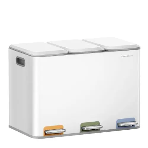 Produktbild: SONGMICS HOME Mülleimer Küche, 3 x 15 L Fächer, Abfalleimer mit farbcodierbaren Pedalen, Mülltrennsystem, mit Deckeln und Inneneimern, Stahl, wolkenweiß LTB740W02V1