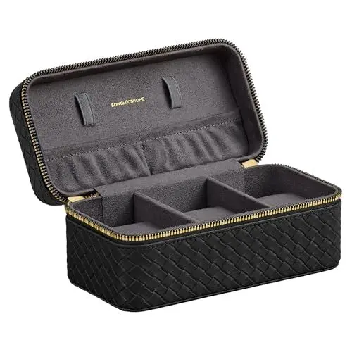 Produktbild: SONGMICS HOME Uhrenbox unterwegs, Etui für 3 Uhren, PU im Flechtlook, 10 x 20 x 9 cm, Geschenkidee, RONNE Kollektion, Bezug in Schwarz, Innenfutter in Schiefergrau JWB017G01