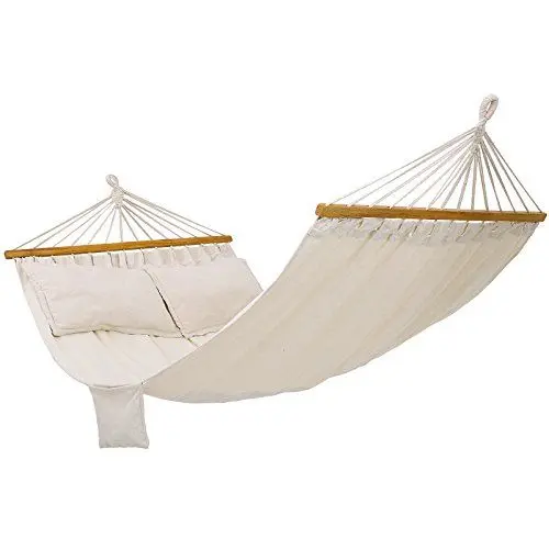 Produktbild: SONGMICS Hängematte, Outdoor, mit 2 Holzstangen, mit 2 Kissen, bis zu 300 kg belastbar, 210 x 150 cm, beige GDC22M