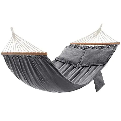Produktbild: SONGMICS Hängematte, Outdoor, mit 2 Holzstangen, mit 2 Kissen, bis zu 300 kg belastbar, 210 x 150 cm, grau GDC022G01