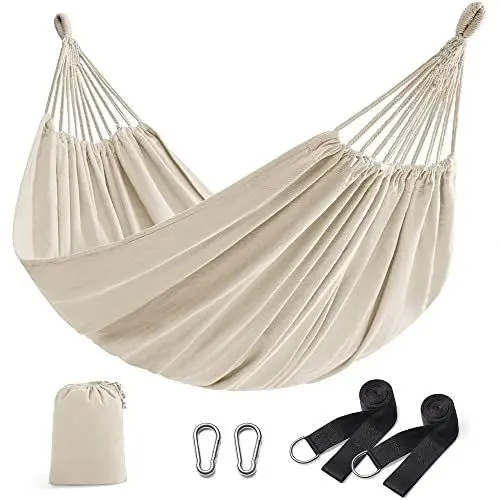 Produktbild: SONGMICS Hängematte, für 2 Personen, 210 x 150 cm, bis 300 kg belastbar, für Terrasse, Balkon, Garten, Outdoor, mit Transportbeutel, Befestigungsgurte und Karabiner inklusive, Beige GDC15M