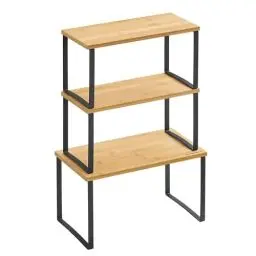 Produktbild: SONGMICS Organizer für Küchenschrank, Set mit 3 Brettern, stapelbar, erweiterbares Gewürzregal, Metall und Bambus, Schwarz Tinte und Naturbeige KCS014B01