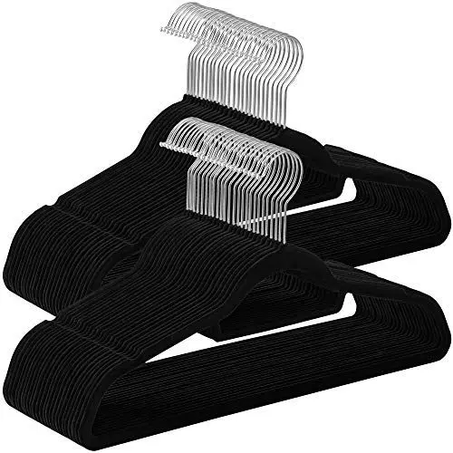 Produktbild: SONGMICS 50 Stück Kleiderbügel Samt, 0,6 cm dick, Anzugbügel Jackenbügel mit Rutschfester Oberfläche, mit Zwei Einkerbungen, 360°drehbarer Haken, Silber + Schwarz