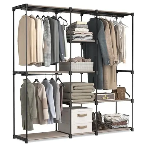 Produktbild: SONGMICS Kleiderschrank, Kleiderständer, freistehende Garderobe, mit Kleiderstangen, Garderobenständer, Stoffablagen, Metallrahmen, 182 x 43 x 182 cm, Taupe RYG037R02