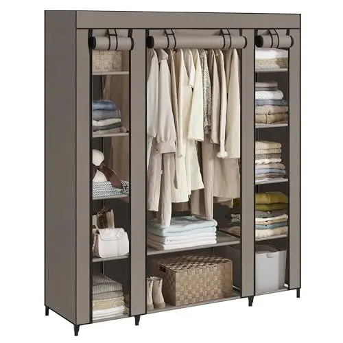 Produktbild: SONGMICS, Kleiderschrank aus Stoff, tragbar, für das Schlafzimmer, Kleiderständer mit Stoffabdeckung, 45 x 150 x 175 cm, 12 Fächer, Metallstruktur, Taupe, LSF003R02