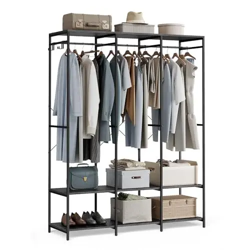 Produktbild: SONGMICS Kleiderschrank offen, Kleiderständer, Garderobenständer, Garderobe mit Kleiderstange, Ablagen, abnehmbare Haken, 40 x 141 x 180 cm, ebenholzschwarz RGR005B56