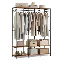 Produktbild: SONGMICS Kleiderschrank offen, Kleiderständer, Garderobenständer, Garderobe mit Kleiderstange, Ablagen, abnehmbare Haken, 40 x 141 x 180 cm, vintagebraun RGR005B01