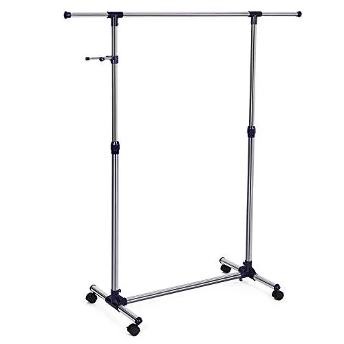 Produktbild: SONGMICS Kleiderständer, Garderobenständer auf Rollen, Rohre mit Edelstahlbeschichtung, mit ausziehbarer Kleiderstange, seitliche Haken für Accessoires, höhenverstellbar 97-165 cm, blau LLR01L, 150 x 44 x 165 cm