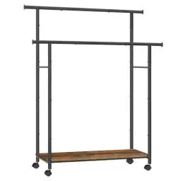Produktbild: SONGMICS Kleiderständer auf Rollen, Kleiderstange mit Ablage, 2 Stangen, Garderobenstange, 98,5 cm breit, insgesamt bis 100 kg belastbar, Stahlrahmen, vintagebraun-tintenschwarz HSR152B01