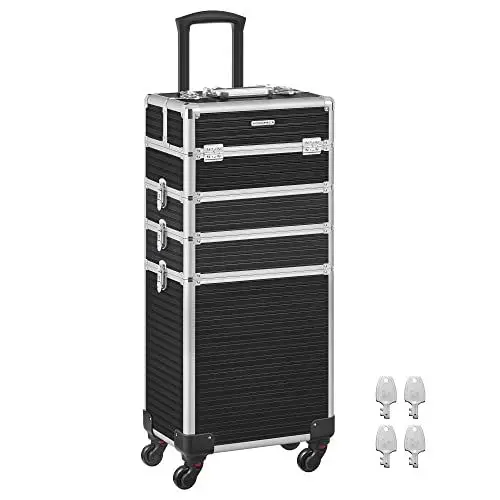 Produktbild: SONGMICS Kosmetikkoffer, Trolley, 4-in-1 Schminkkoffer, extra groß, Friseurkoffer, 34 x 24 x 79,3 cm, abschließbar, Make-up Koffer, 360° drehbare Rollen, für Reisen, Geschenkidee, schwarz JHZ015B01