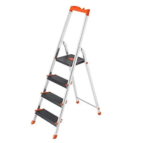 Produktbild: SONGMICS Leiter mit 4 Stufen, Aluleiter, 12 cm breite Stufen mit Riffelung, Anti-Rutsch-Füße, mit Handlauf, Werkzeugschale, bis 150 kg belastbar, schwarz-orange GLT04BK