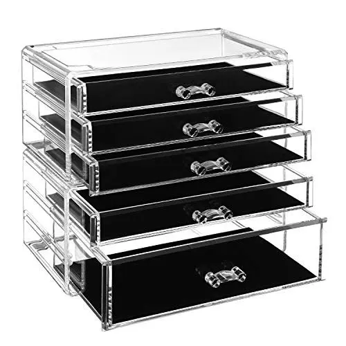 Produktbild: SONGMICS Make-up Organizer, 2 stapelbare Aufbewahrungsboxen für Schmuck und Kosmetik, mit 5 Schubladen, aus Kunststoff, Transparent JMU32TP