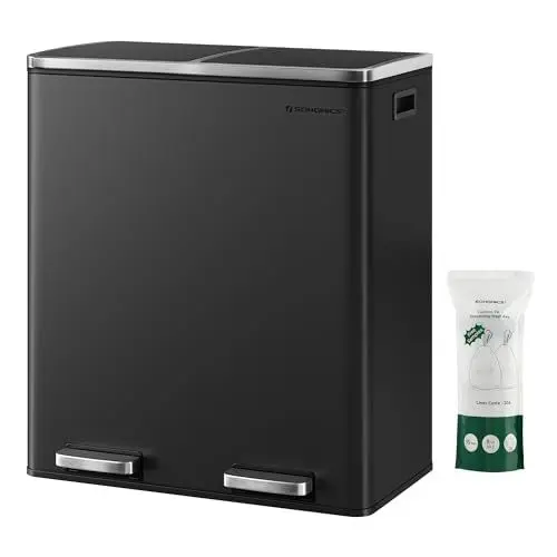 Produktbild: SONGMICS Mülleimer, 2 x 30 Liter, 2 Fächer, Mülltrennsystem, Treteimer, Abfalleimer Küche, 15 Müllsäcke, Metall, Inneneimer aus Kunststoff, Klappdeckel, Softclose, luftdicht, schwarz LTB60BK