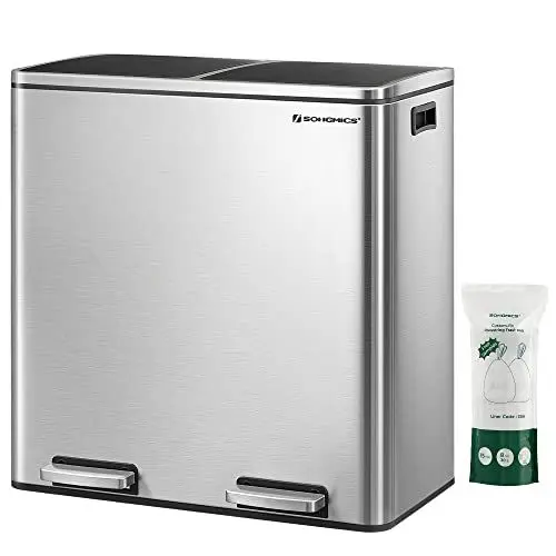 Produktbild: SONGMICS Mülleimer, 2 x 30 Liter, 2 Fächer, Mülltrennsystem, Treteimer, Abfalleimer Küche, 15 Müllsäcke, Metall, Inneneimer aus Kunststoff, Klappdeckel, Softclose, luftdicht, silbern-schwarz LTB60NL