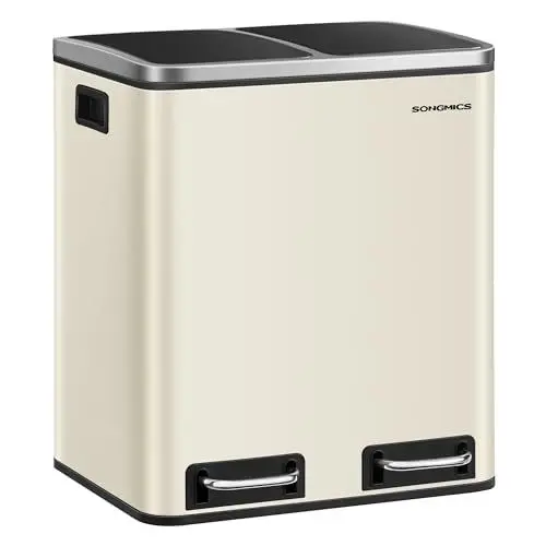 Produktbild: SONGMICS Mülleimer Küche, 2 x 15 Liter, Mülltrennsystem 2 Fächer, inklusive 15 Müllbeutel, Abfalleimer, Treteimer, recycelbare Abfälle, Biomüll, Softclose-Deckel, sandbeige-tintenschwarz LTB30A02