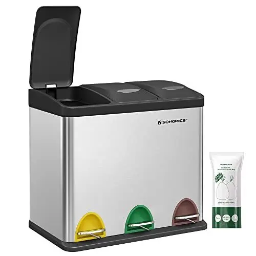 Produktbild: SONGMICS Mülleimer Küche, 3 x 8 L, kleine Kapazität, Mülltrennsystem 3 Fächer, Abfalleimer mit Deckel, Stahl-Treteimer für kleine Familien, Pedale und Inneneimer, silbern-schwarz LTB24L