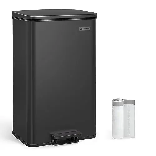 Produktbild: SONGMICS Mülleimer Küche, 40 Liter Abfalleimer, großer Tretmülleimer, mit Deckel, aus Stahl, Softclose, inklusive 15 Müllbeutel, schwarz LTB540B4002