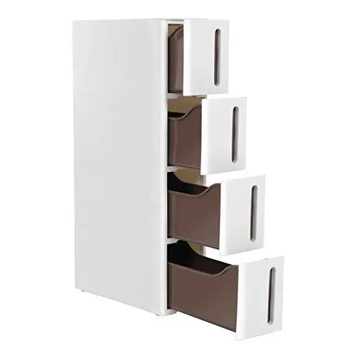 Produktbild: SONGMICS Nischenregal mit Rollen, Rollwagen mit 4 Schubladen, 17,3 cm breit, Badregal schmal, Rollregal, Küchenregal, PP-Kunststoff, platzsparend, 45,2 x 17,3 x 84 cm, weiß-braun KFR08WT