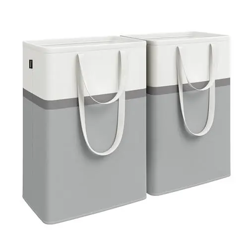 Produktbild: SONGMICS Pfandflaschen Sammelbehälter Wäschekorb 2er Set, 75 L Wäschesammler faltbar, mit langen Griffen, leicht zu tragen und zu reinigen, für Schlafzimmer Badezimmer, taubengrau LCB208G02
