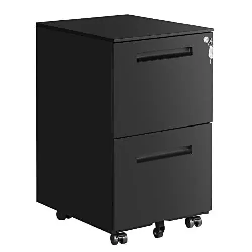 Produktbild: SONGMICS Rollcontainer, mobiler Aktenschrank mit 2 Schubladen, abschließbar, für Bürodokumente, vormontiert, 39 x 45 x 69,5 cm (L x B x H), Mattschwarz OFC52BK