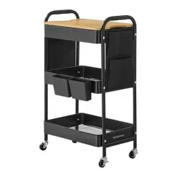 Produktbild: SONGMICS Rollwagen, Küchenwagen, 3 Metallgitterablagen, Servierwagen, 2 abnehmbare Hängebehälter, 2 Organizer, für Büro, Küche, Wohnzimmer, Badezimmer, tintenschwarz LRC036B01