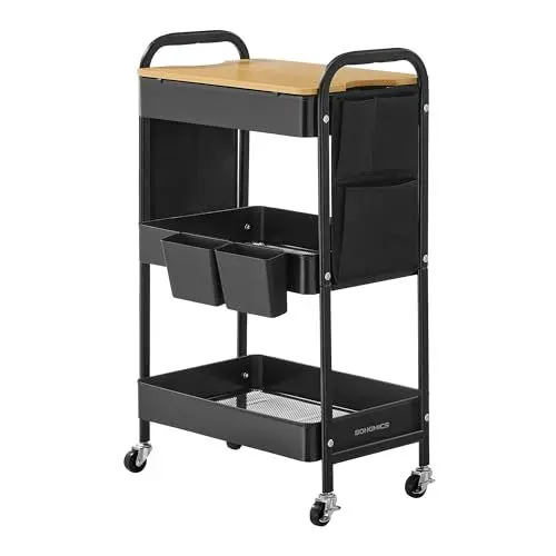Produktbild: SONGMICS Rollwagen, Küchenwagen, 3 Metallgitterablagen, Servierwagen, 2 abnehmbare Hängebehälter, 2 Organizer, für Büro, Küche, Wohnzimmer, Badezimmer, tintenschwarz LRC036B01