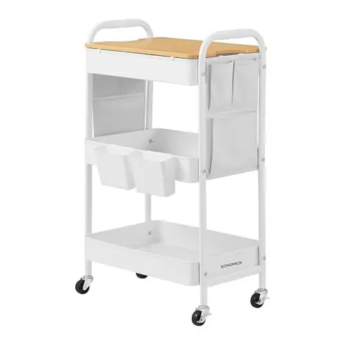 Produktbild: SONGMICS Rollwagen, Küchenwagen, 3 Metallgitterablagen, Servierwagen, 2 abnehmbare Hängebehälter, 2 Organizer, für Büro, Küche, Wohnzimmer, Badezimmer, wolkenweiß LRC036W01