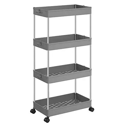 Produktbild: SONGMICS Rollwagen, Küchenwagen mit 4 Ebenen, Küchenregal, Nischenregal, mit 6 Haken, 360° drehbare Räder, Stahlgestell, Bad, Küche, Büro, grau KSC010G01