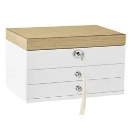 Produktbild: SONGMICS Schmuckkästchen 3 Ebenen, Schmuckkasten, Schmuckschatulle, großer Spiegel, 2 Schubladen, abschließbar, Geschenkidee, für Ringe, Ohrringe, Armbänder, Halsketten, weiß-holzfarben JOW15WN