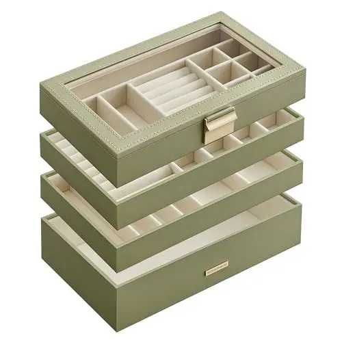 Produktbild: SONGMICS Schmuckkästchen 4 Ebenen, Schmucktablett stapelbar, Schmuckkasten groß, Schmuckbox mit Glasdeckel, 17 x 28 x 18,3 cm, Schmuckeinsatz für Schubladen, Geschenkidee, lorbeergrün JBC164C02