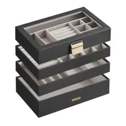 Produktbild: SONGMICS Schmuckkästchen 4 Ebenen, Schmucktablett stapelbar, Schmuckkasten groß, Schmuckbox mit Glasdeckel, 17 x 28 x 18,3 cm, Schmuckeinsatz für Schubladen, Geschenkidee, schwarz JBC164B01