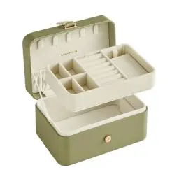 Produktbild: SONGMICS Schmuckkästchen Reise, Schmuckkasten klein, 2 Ebenen Schmuckaufbewahrung, tragbar, Schmuck-Reiseetui, für größere Accessoires, 11 x 16 x 8 cm, Geschenkidee, lorbeergrün JBC166C02